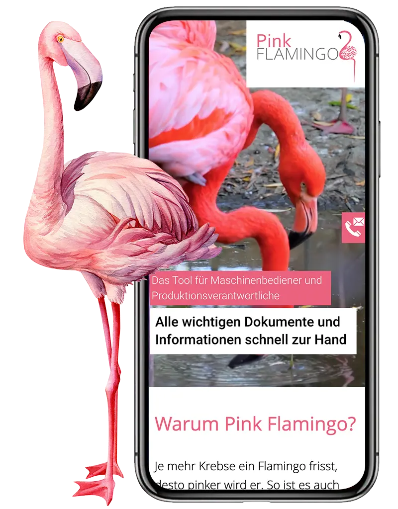 Bild eines Smart-Phones welches einen Ausschnitt der Pink Flamingo Website zeigt. Links daneben ein pinker Flamingo welcher so groß ist wie das Smart-Phone und den Betrachter ansieht.