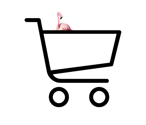 Piktogramm eines Einkaufwagens, oben guckt der pinke Flamingo aus dem Wagen heraus