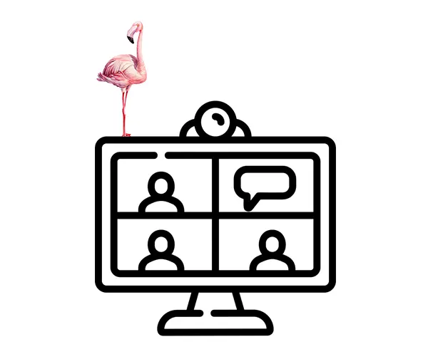 Piktogramm eines Computerbildschirmes, auf welchem ein virtuelles Meeting stattfindet, oben auf dem Bildschirm sitzt der kleine pinke Flamingo.