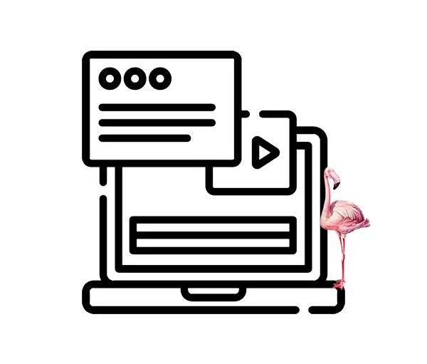 Piktogramm eines Laptops, welcher verschiedenen Fenster zeigt. Rechts auf dem Laptop steht ein kleiner pinker Flamingo.